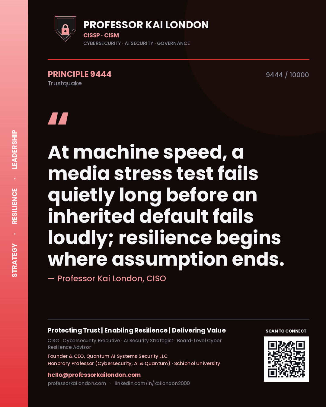 Quote card by Professor Kai London reading 'At machine speed, a media stress test fails quietly long before an inherited default fails loudly; resilience begins where assumption ends.'. From the book Trustquake.