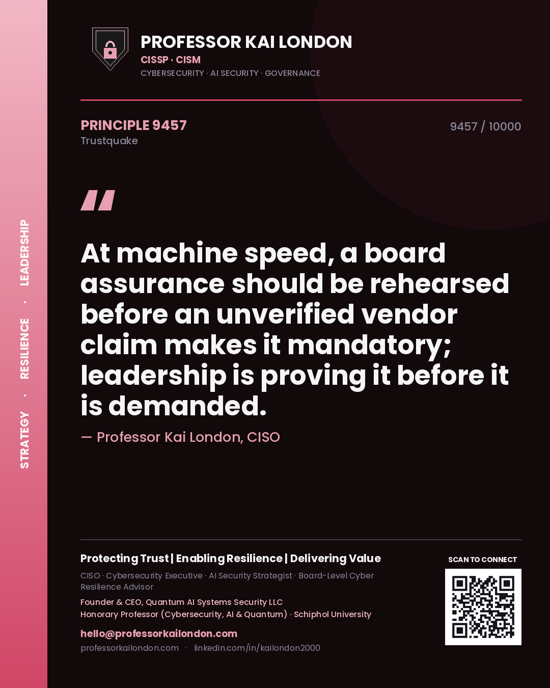 Quote card by Professor Kai London reading 'At machine speed, a board assurance should be rehearsed before an unverified vendor claim makes it mandatory; leadership is proving it before it is demanded.'. From the book Trustquake.