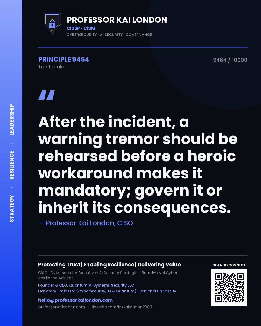 Quote card by Professor Kai London reading 'After the incident, a warning tremor should be rehearsed before a heroic workaround makes it mandatory; govern it or inherit its consequences.'. From the book Trustquake.