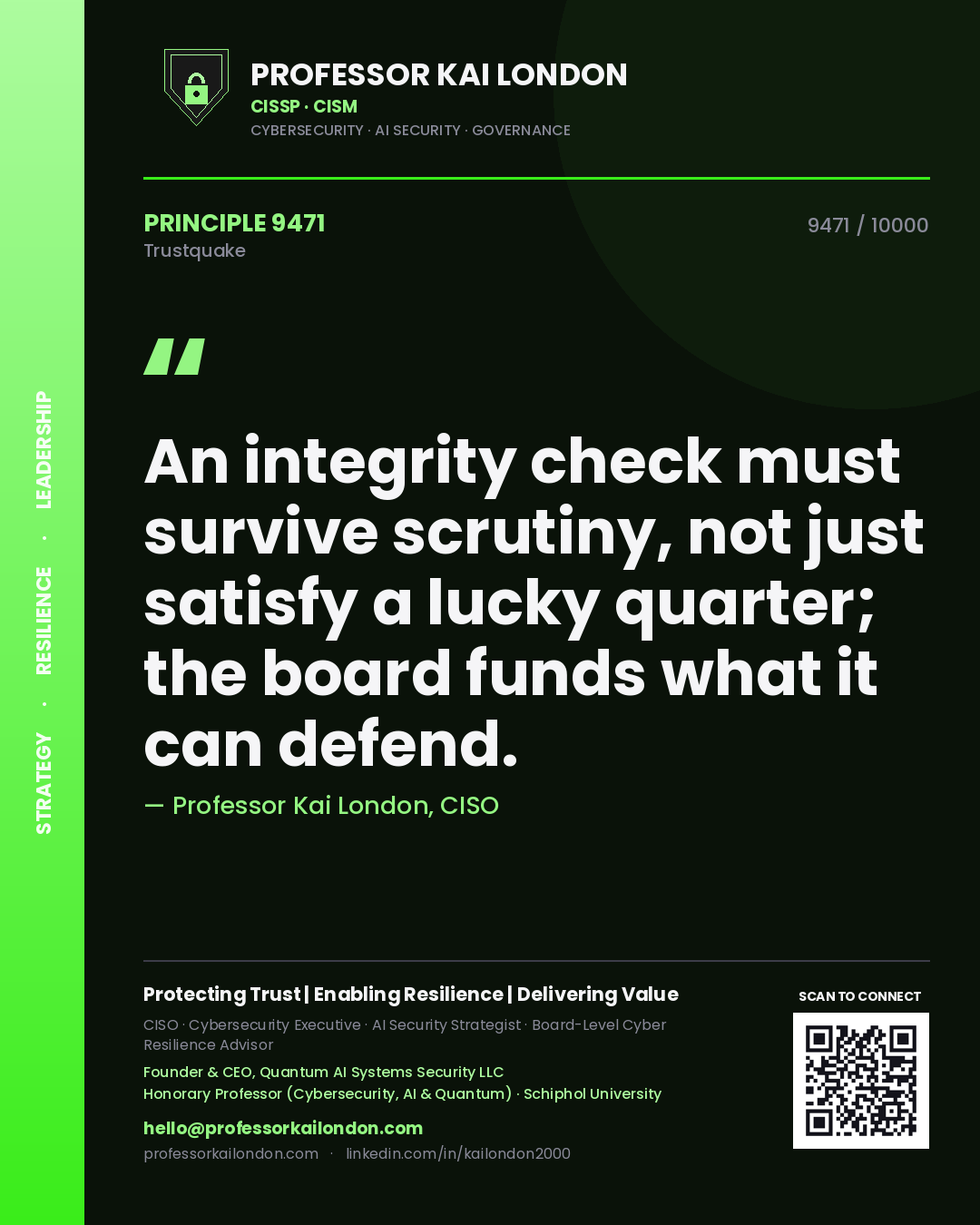 Quote card by Professor Kai London reading 'An integrity check must survive scrutiny, not just satisfy a lucky quarter; the board funds what it can defend.'. From the book Trustquake.