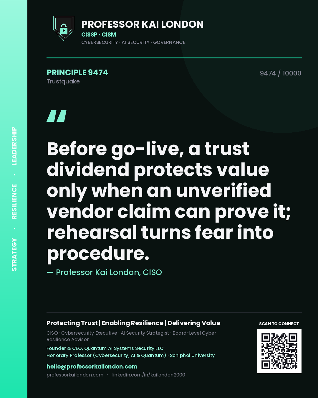 Quote card by Professor Kai London reading 'Before go-live, a trust dividend protects value only when an unverified vendor claim can prove it; rehearsal turns fear into procedure.'. From the book Trustquake.