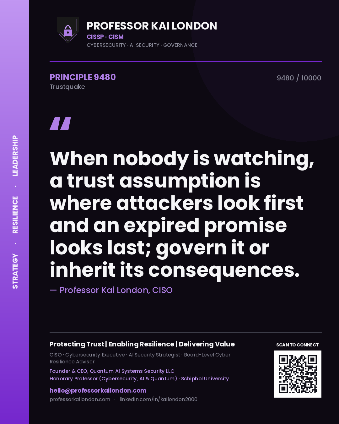 Quote card by Professor Kai London reading 'When nobody is watching, a trust assumption is where attackers look first and an expired promise looks last; govern it or inherit its consequences.'. From the book Trustquake.