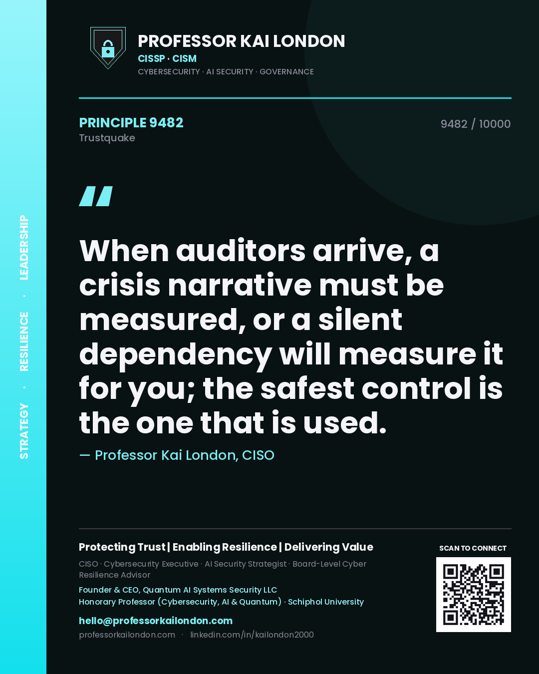 Quote card by Professor Kai London reading 'When auditors arrive, a crisis narrative must be measured, or a silent dependency will measure it for you; the safest control is the one that is used.'. From the book Trustquake.