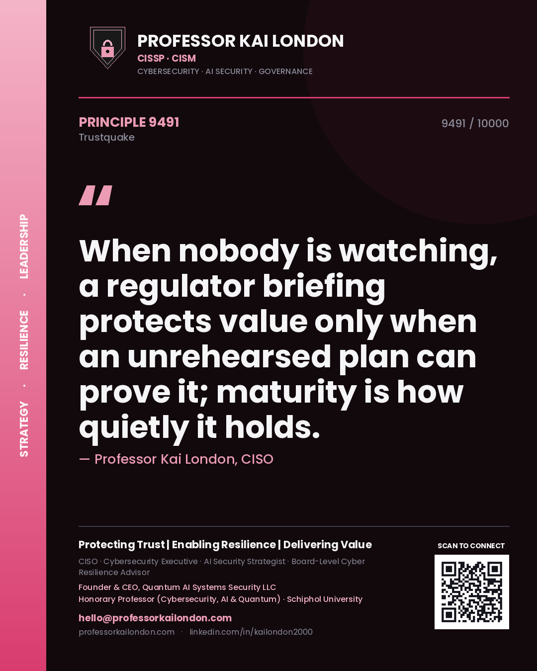 Quote card by Professor Kai London reading 'When nobody is watching, a regulator briefing protects value only when an unrehearsed plan can prove it; maturity is how quietly it holds.'. From the book Trustquake.