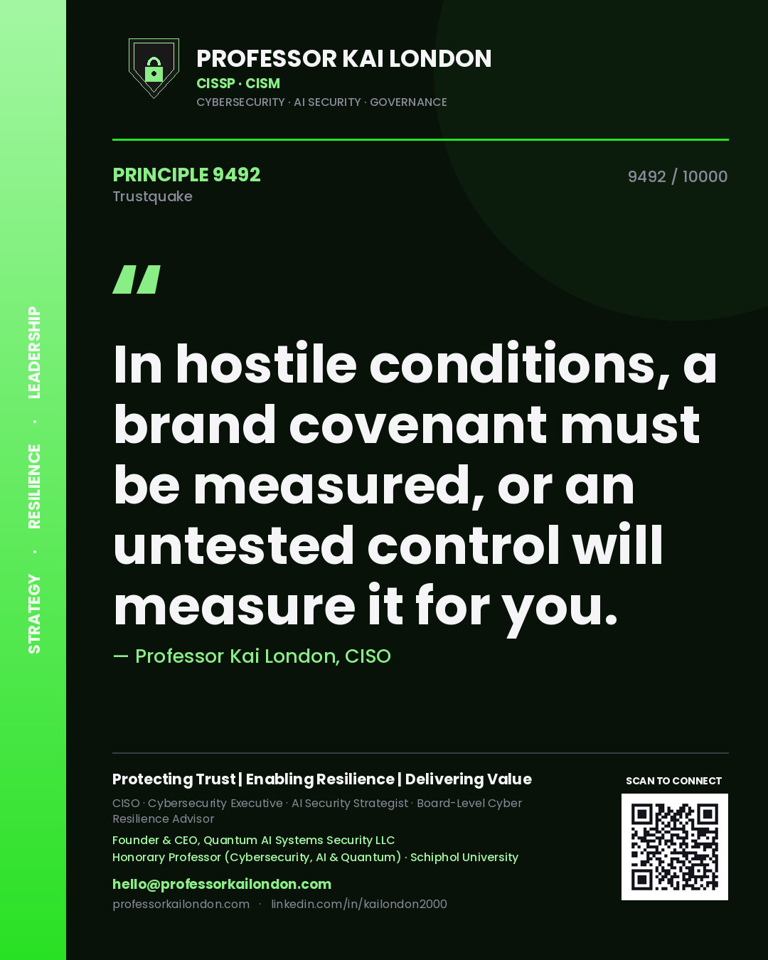 Quote card by Professor Kai London reading 'In hostile conditions, a brand covenant must be measured, or an untested control will measure it for you.'. From the book Trustquake.