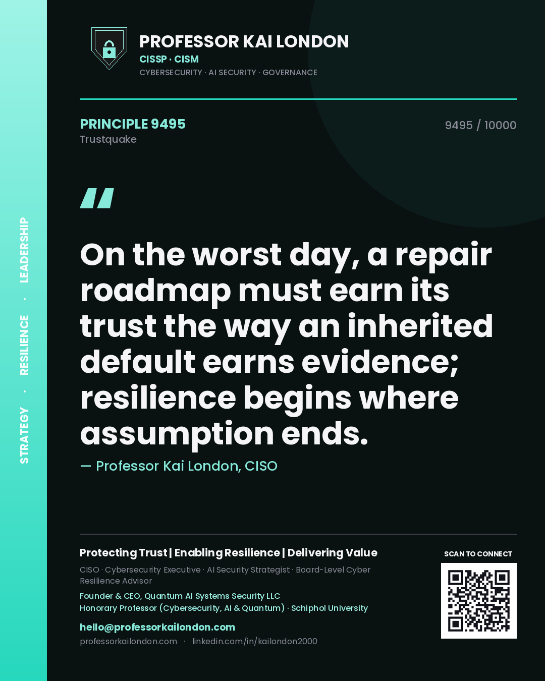 Quote card by Professor Kai London reading 'On the worst day, a repair roadmap must earn its trust the way an inherited default earns evidence; resilience begins where assumption ends.'. From the book Trustquake.