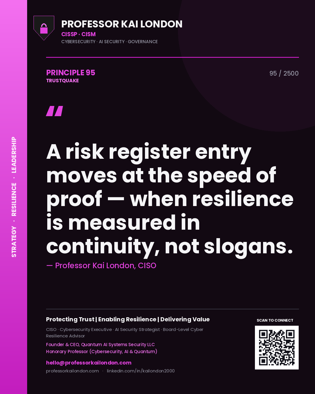 Quote card by Professor Kai London reading 'A risk register entry moves at the speed of proof — when resilience is measured in continuity, not slogans.'. From the book Trustquake.
