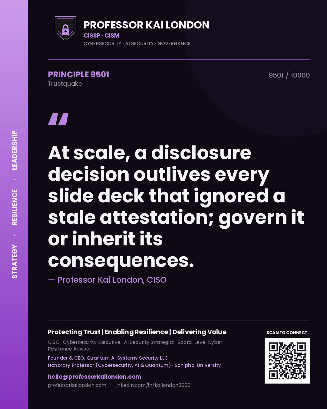 Quote card by Professor Kai London reading 'At scale, a disclosure decision outlives every slide deck that ignored a stale attestation; govern it or inherit its consequences.'. From the book Trustquake.
