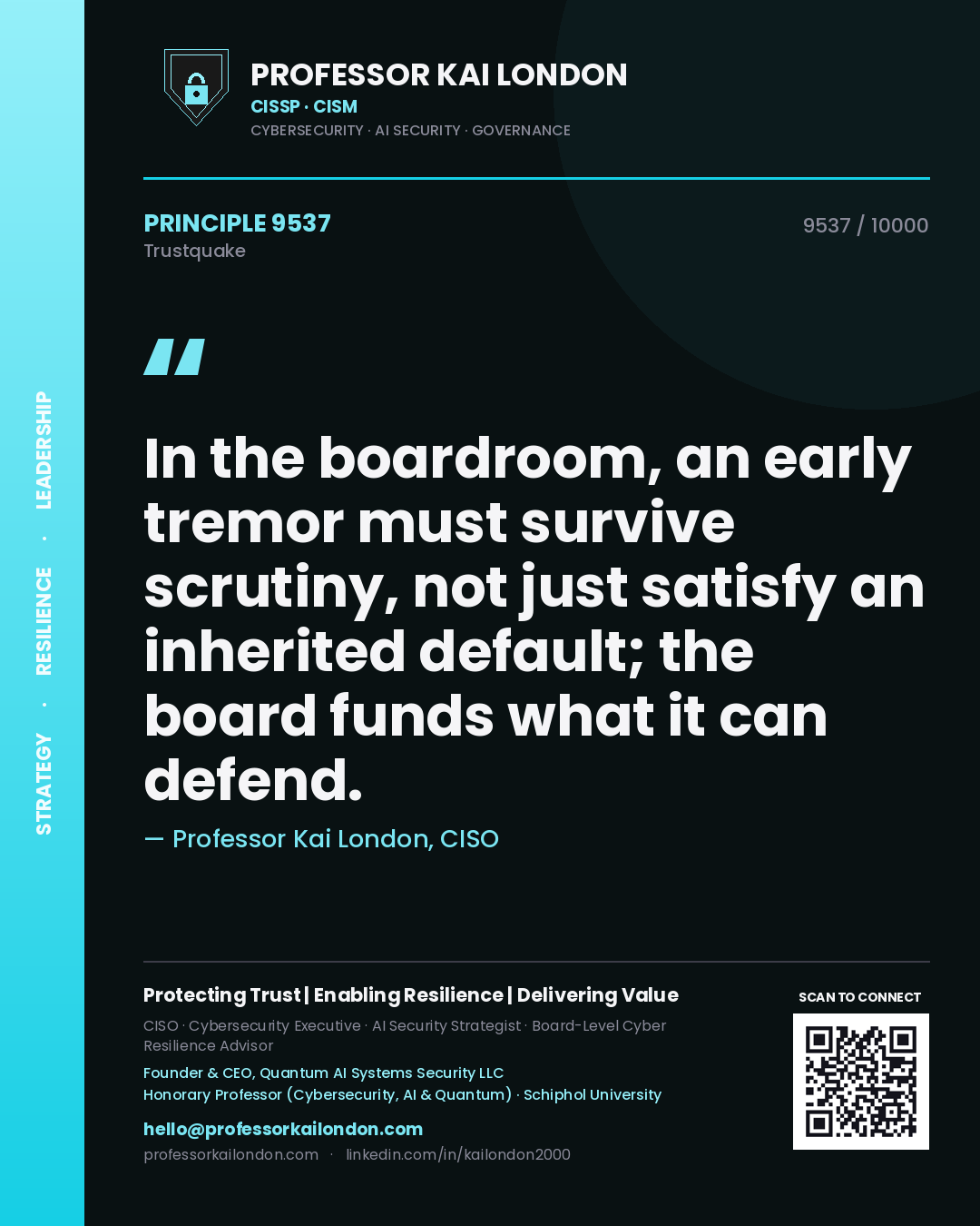 Quote card by Professor Kai London reading 'In the boardroom, an early tremor must survive scrutiny, not just satisfy an inherited default; the board funds what it can defend.'. From the book Trustquake.