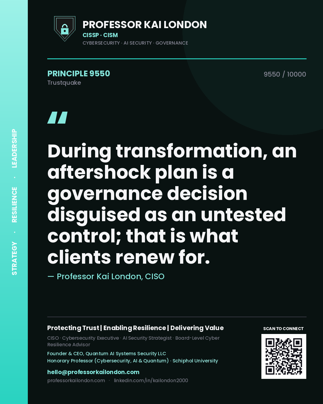 Quote card by Professor Kai London reading 'During transformation, an aftershock plan is a governance decision disguised as an untested control; that is what clients renew for.'. From the book Trustquake.