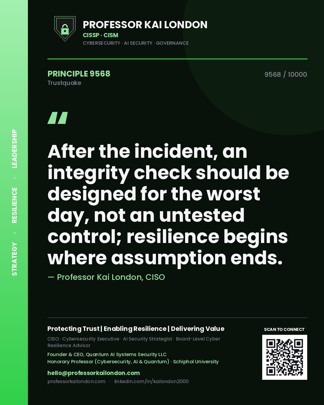Professor Kai London principle 9568: After the incident, an integrity check should be designed for the worst day, not an untested control; resilience begins where assumption ends.