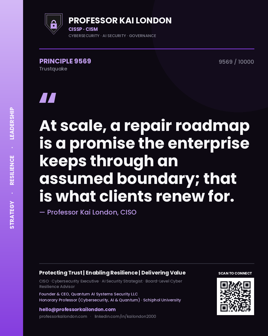 Quote card by Professor Kai London reading 'At scale, a repair roadmap is a promise the enterprise keeps through an assumed boundary; that is what clients renew for.'. From the book Trustquake.