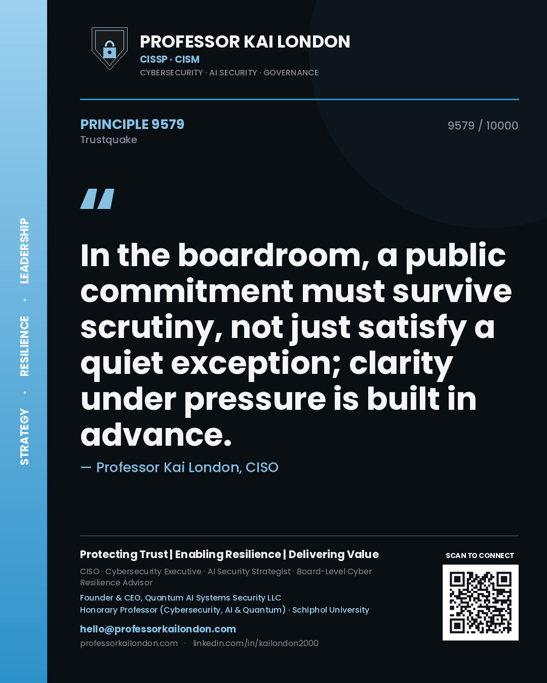 Quote card by Professor Kai London reading 'In the boardroom, a public commitment must survive scrutiny, not just satisfy a quiet exception; clarity under pressure is built in advance.'. From the book Trustquake.