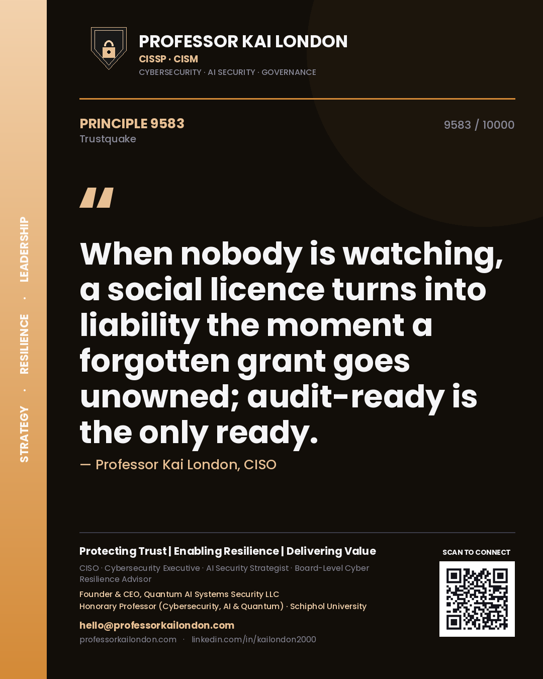 Professor Kai London principle 9583: When nobody is watching, a social licence turns into liability the moment a forgotten grant goes unowned; audit-ready is the only ready.