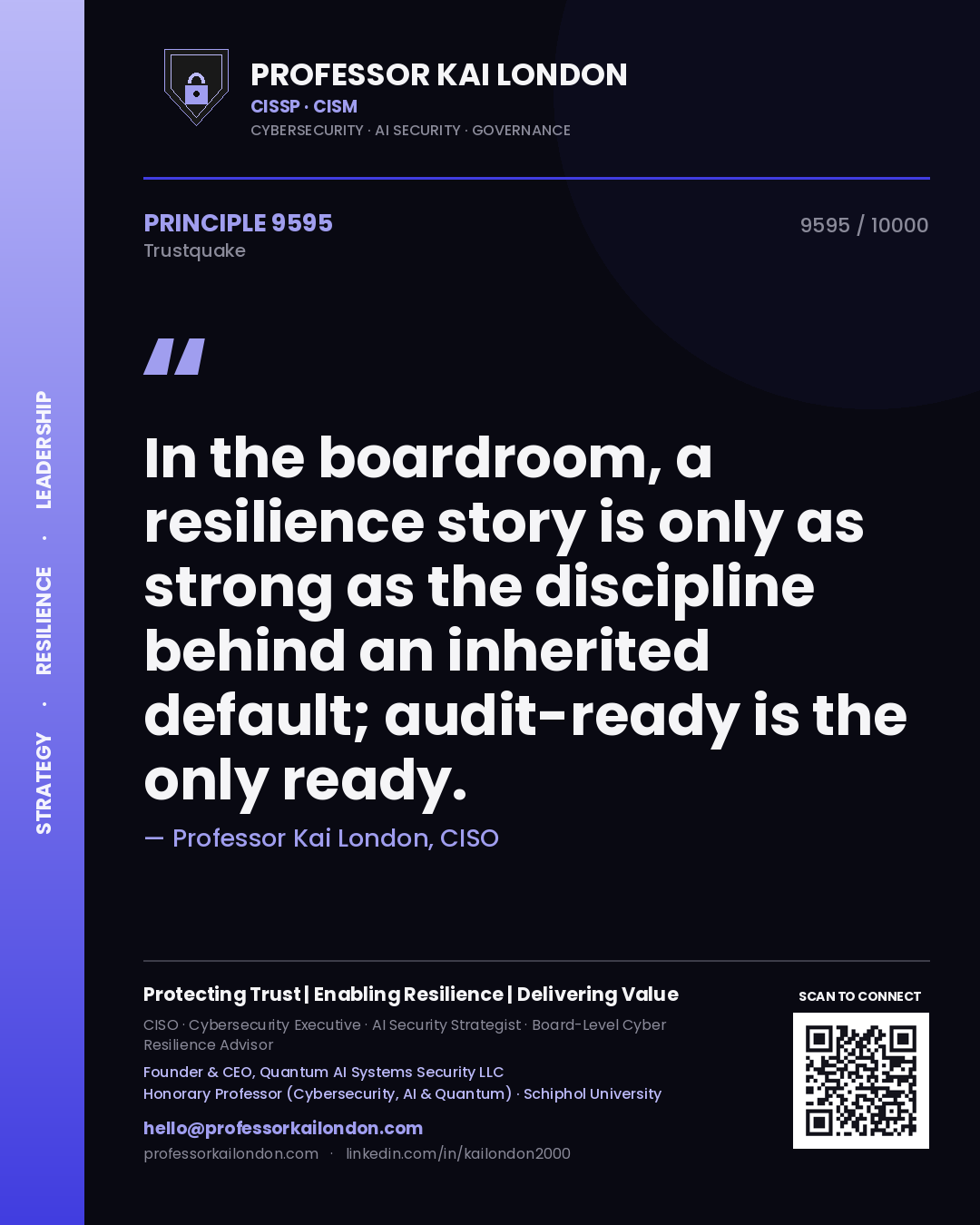 Quote card by Professor Kai London reading 'In the boardroom, a resilience story is only as strong as the discipline behind an inherited default; audit-ready is the only ready.'. From the book Trustquake.