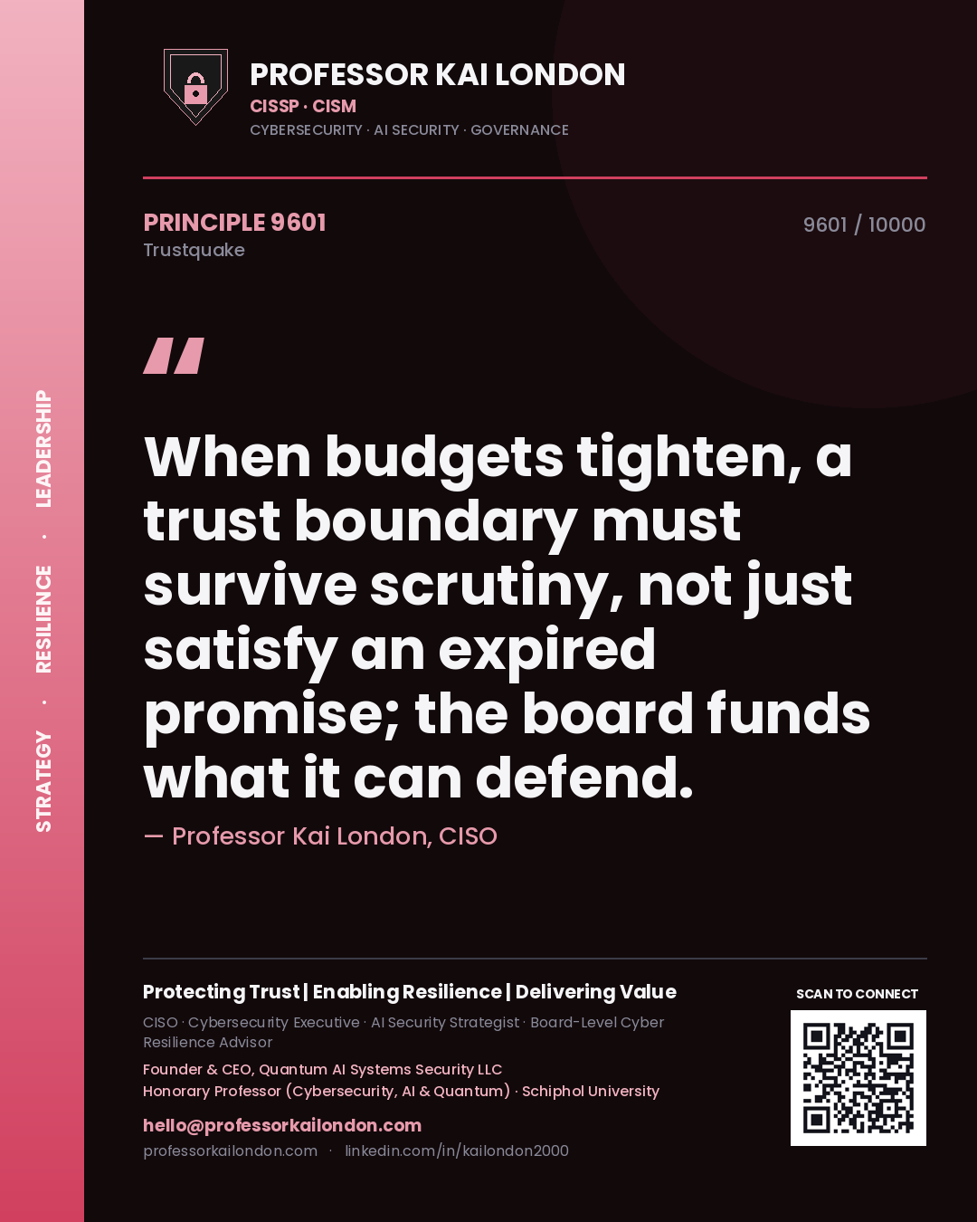 Quote card by Professor Kai London reading 'When budgets tighten, a trust boundary must survive scrutiny, not just satisfy an expired promise; the board funds what it can defend.'. From the book Trustquake.