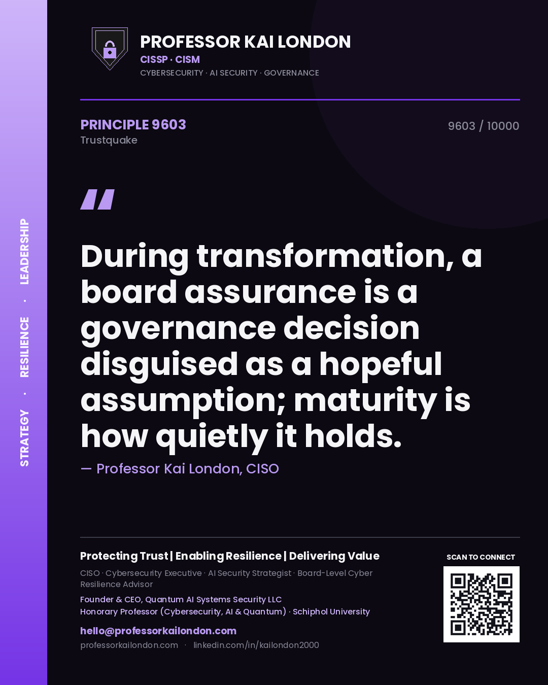 Professor Kai London principle 9603: During transformation, a board assurance is a governance decision disguised as a hopeful assumption; maturity is how quietly it holds.