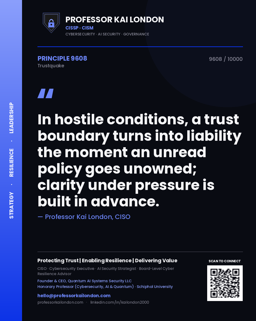Professor Kai London principle 9608: In hostile conditions, a trust boundary turns into liability the moment an unread policy goes unowned; clarity under pressure is built in advance.