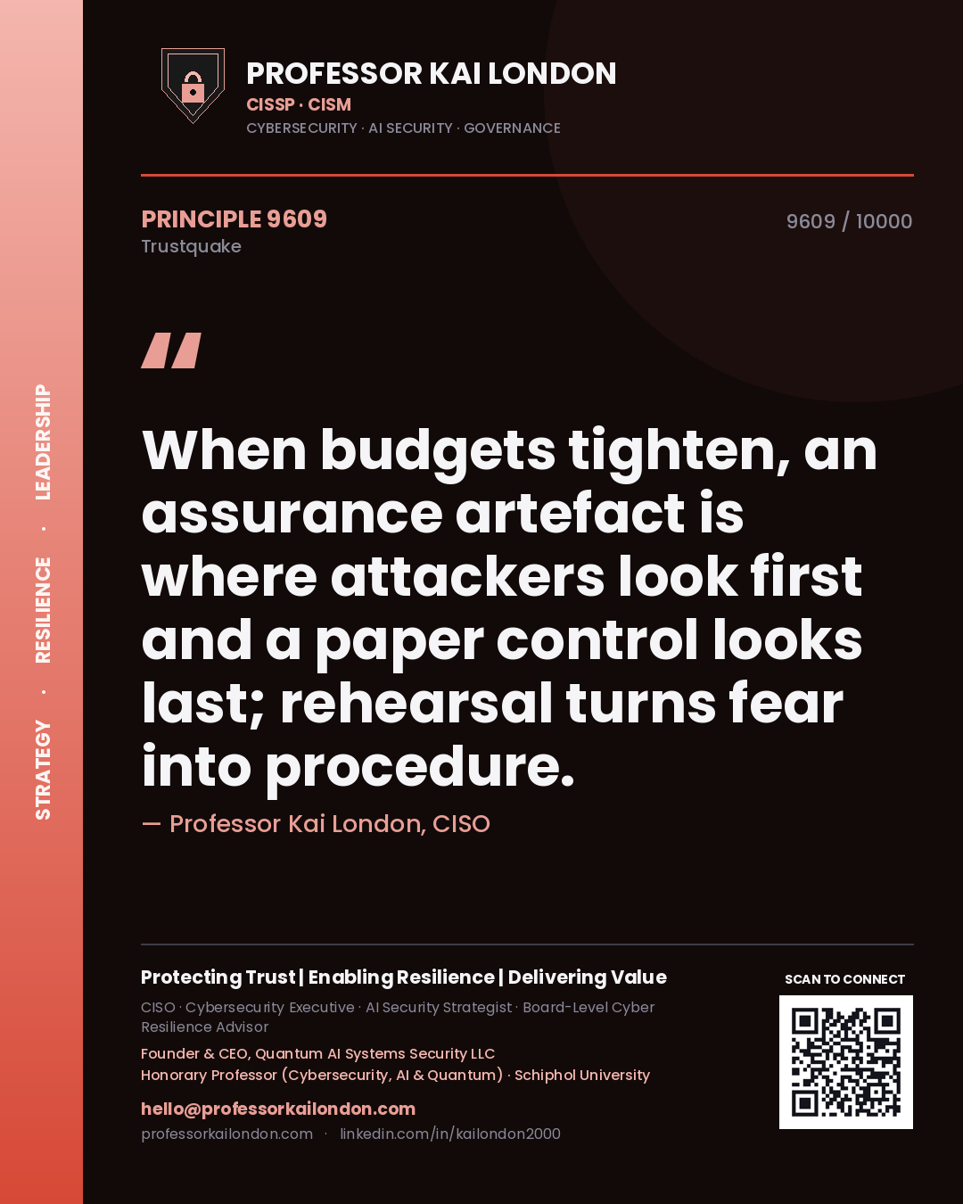 Professor Kai London principle 9609: When budgets tighten, an assurance artefact is where attackers look first and a paper control looks last; rehearsal turns fear into procedure.