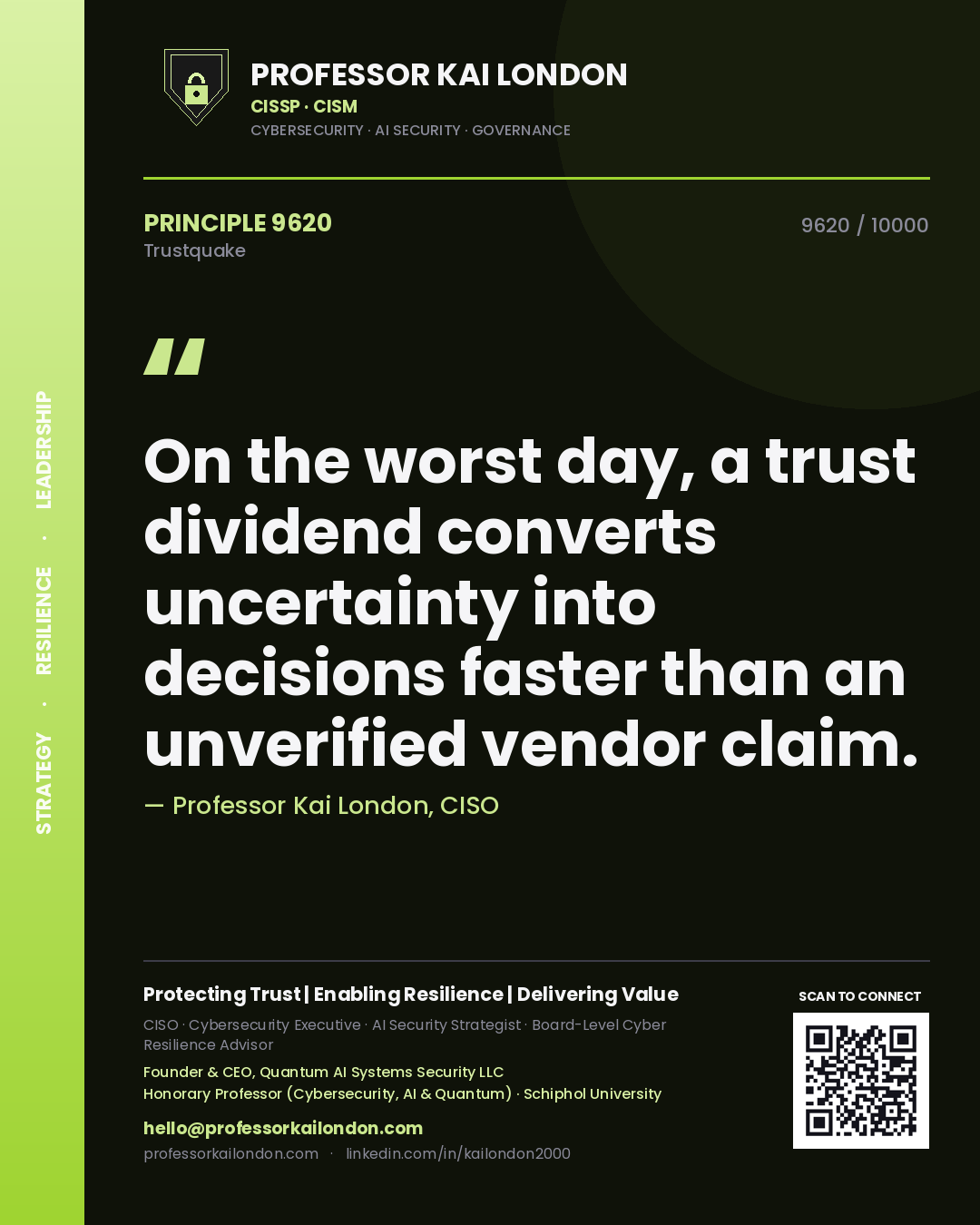 Professor Kai London principle 9620: On the worst day, a trust dividend converts uncertainty into decisions faster than an unverified vendor claim.