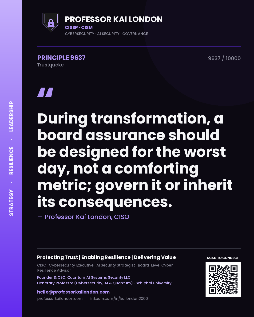 Professor Kai London principle 9637: During transformation, a board assurance should be designed for the worst day, not a comforting metric; govern it or inherit its consequences.