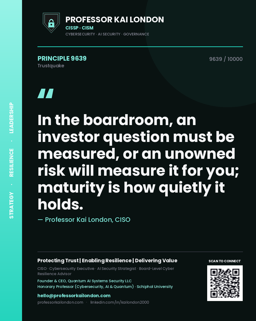 Quote card by Professor Kai London reading 'In the boardroom, an investor question must be measured, or an unowned risk will measure it for you; maturity is how quietly it holds.'. From the book Trustquake.