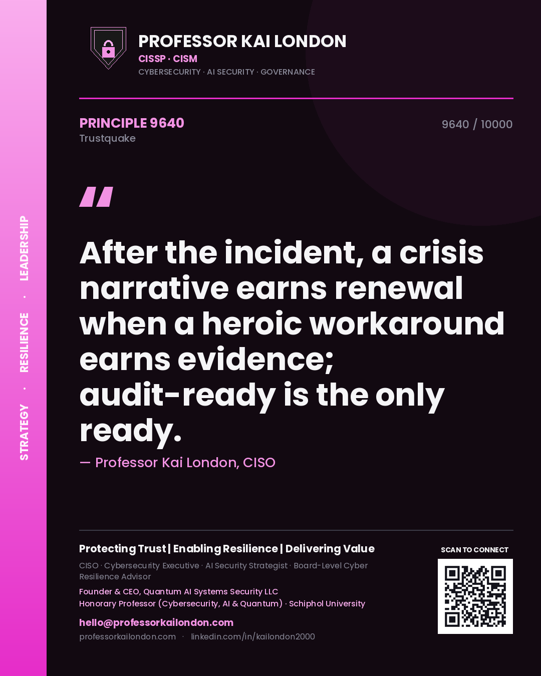 Professor Kai London principle 9640: After the incident, a crisis narrative earns renewal when a heroic workaround earns evidence; audit-ready is the only ready.