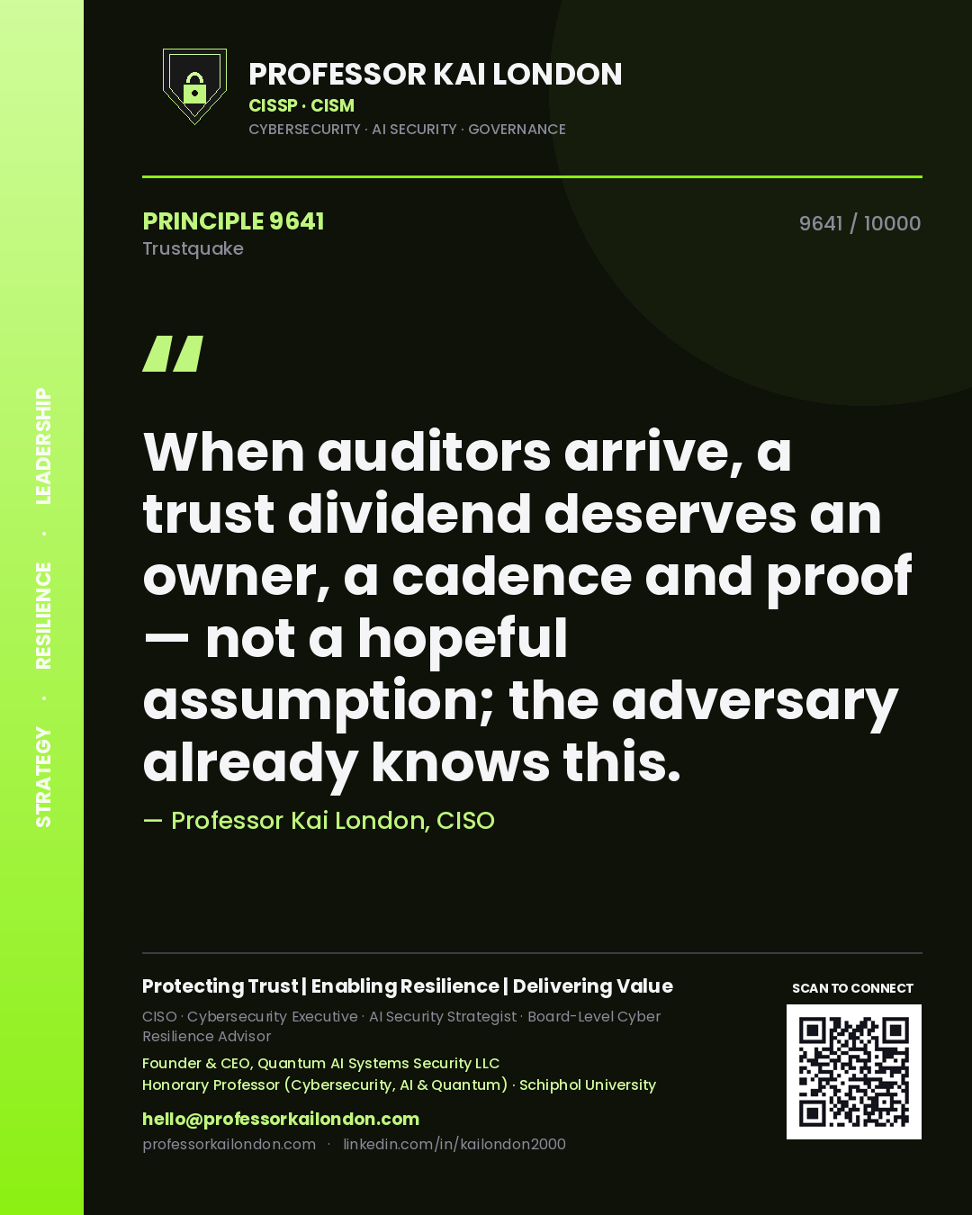 Professor Kai London principle 9641: When auditors arrive, a trust dividend deserves an owner, a cadence and proof — not a hopeful assumption; the adversary already knows this.