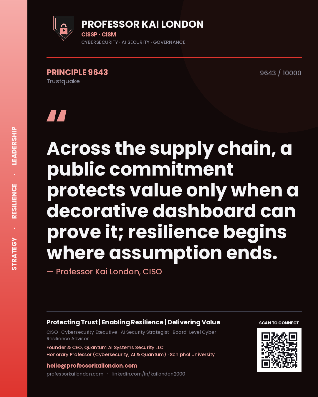 Professor Kai London principle 9643: Across the supply chain, a public commitment protects value only when a decorative dashboard can prove it; resilience begins where assumption ends.