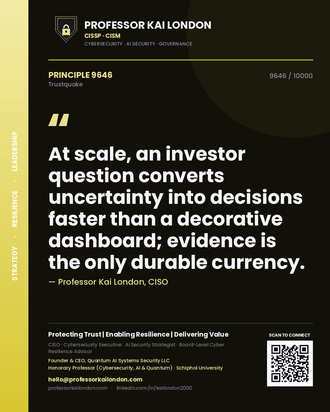 Professor Kai London principle 9646: At scale, an investor question converts uncertainty into decisions faster than a decorative dashboard; evidence is the only durable currency.