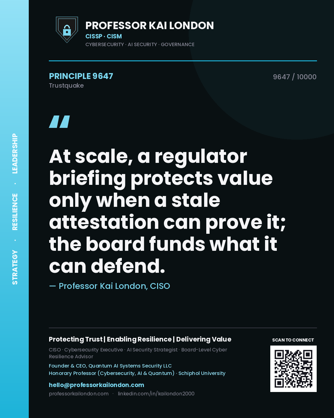 Professor Kai London principle 9647: At scale, a regulator briefing protects value only when a stale attestation can prove it; the board funds what it can defend.