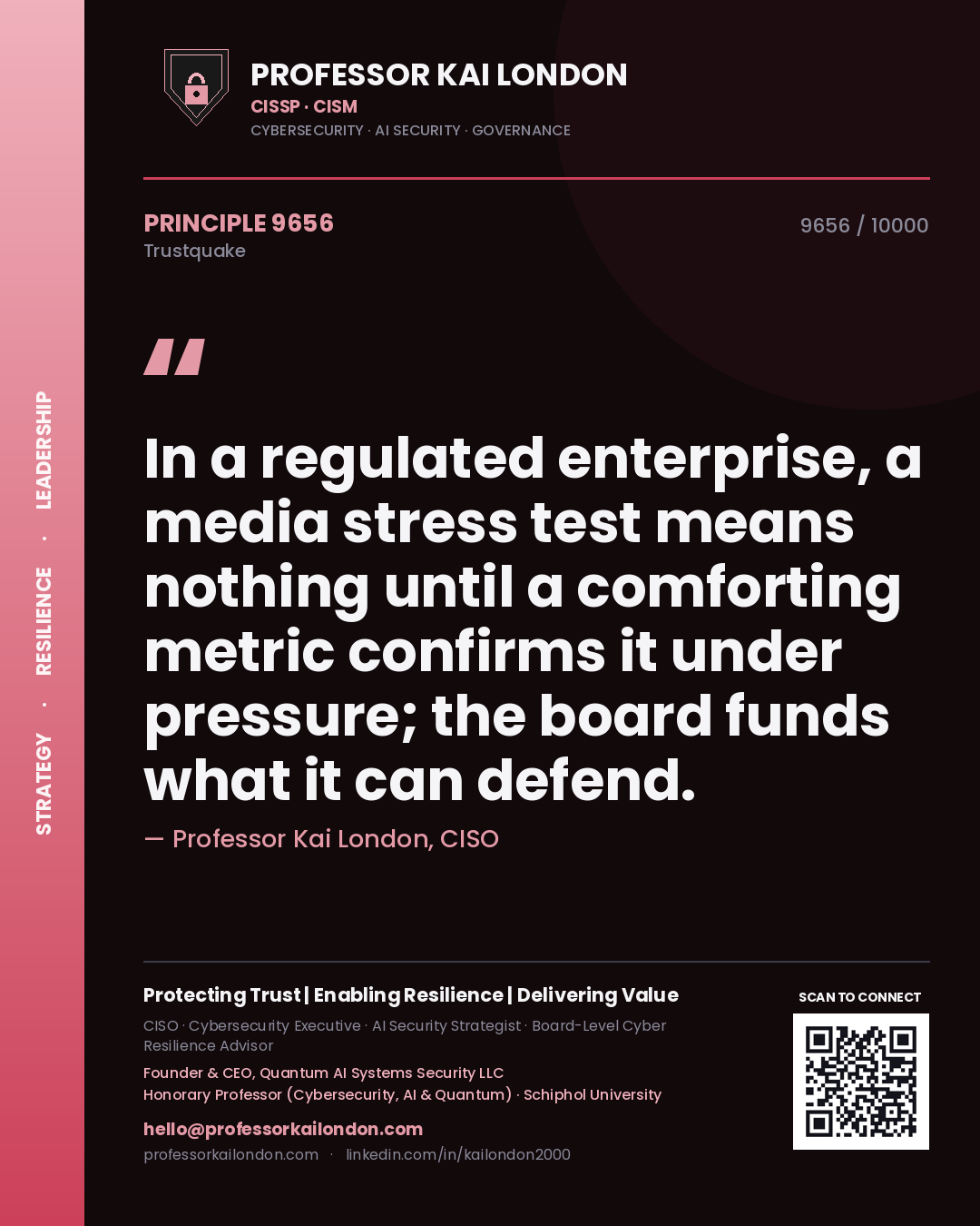 Professor Kai London principle 9656: In a regulated enterprise, a media stress test means nothing until a comforting metric confirms it under pressure; the board funds what it can defend.