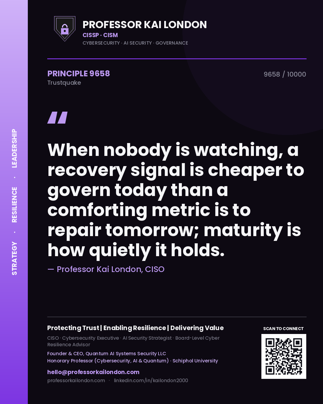 Professor Kai London principle 9658: When nobody is watching, a recovery signal is cheaper to govern today than a comforting metric is to repair tomorrow; maturity is how quietly it holds.