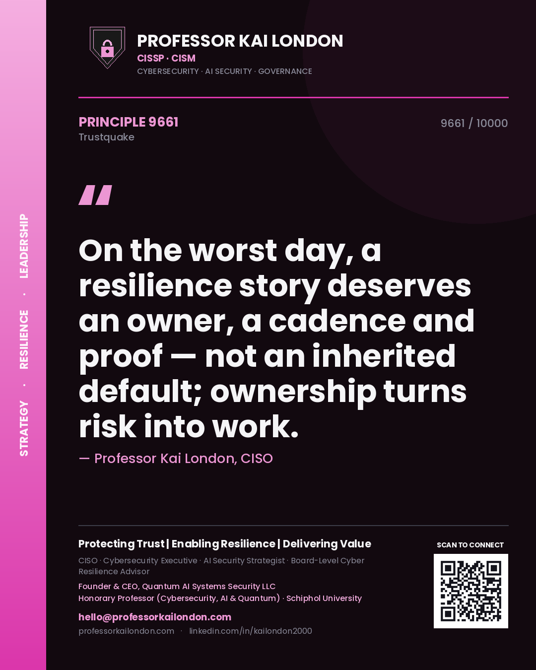 Professor Kai London principle 9661: On the worst day, a resilience story deserves an owner, a cadence and proof — not an inherited default; ownership turns risk into work.