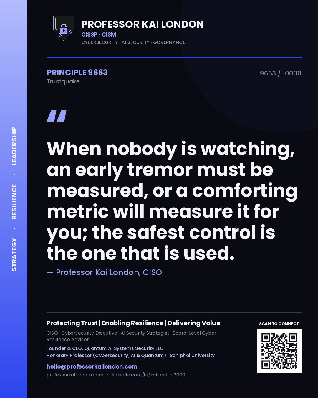 Quote card by Professor Kai London reading 'When nobody is watching, an early tremor must be measured, or a comforting metric will measure it for you; the safest control is the one that is used.'. From the book Trustquake.