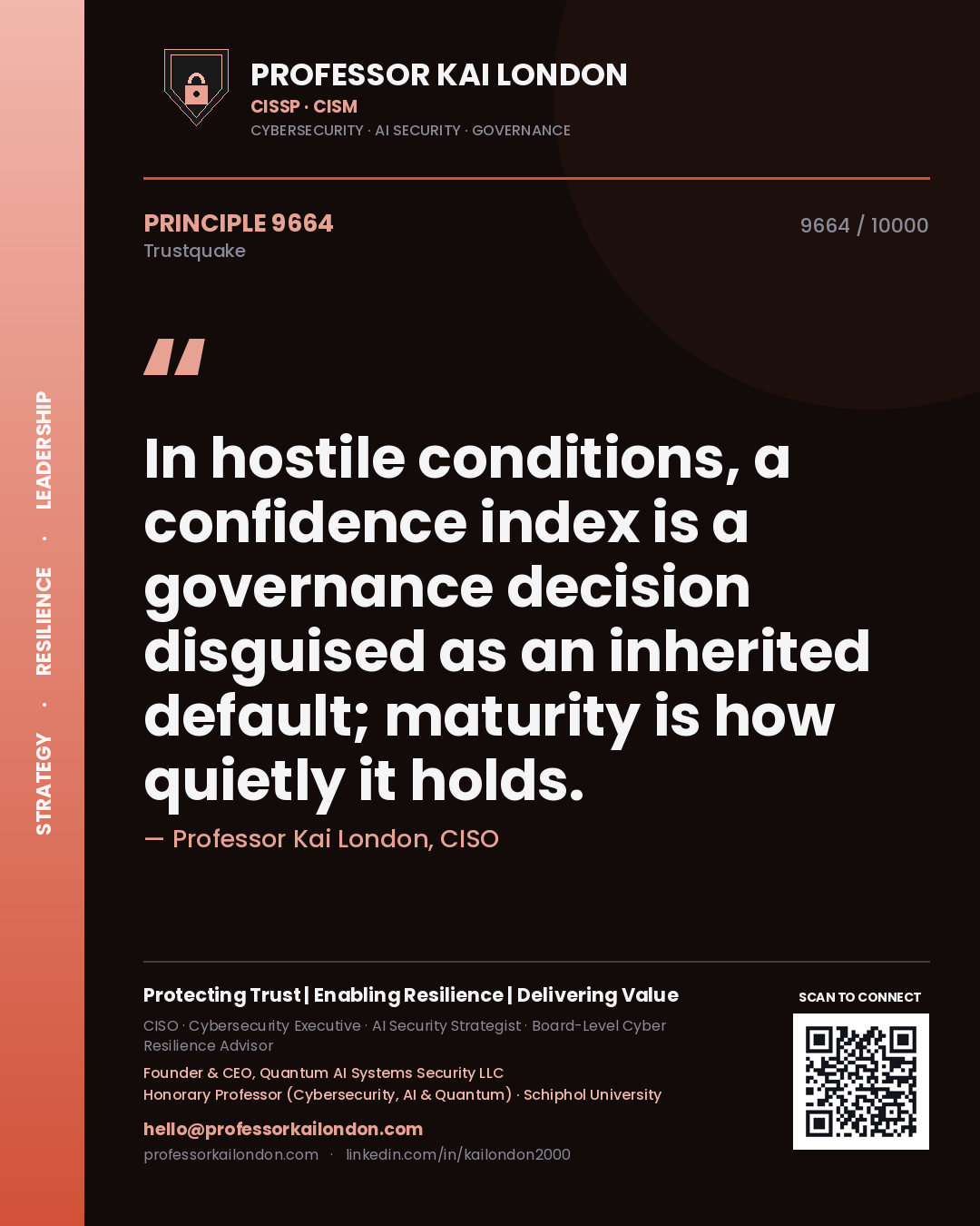 Quote card by Professor Kai London reading 'In hostile conditions, a confidence index is a governance decision disguised as an inherited default; maturity is how quietly it holds.'. From the book Trustquake.
