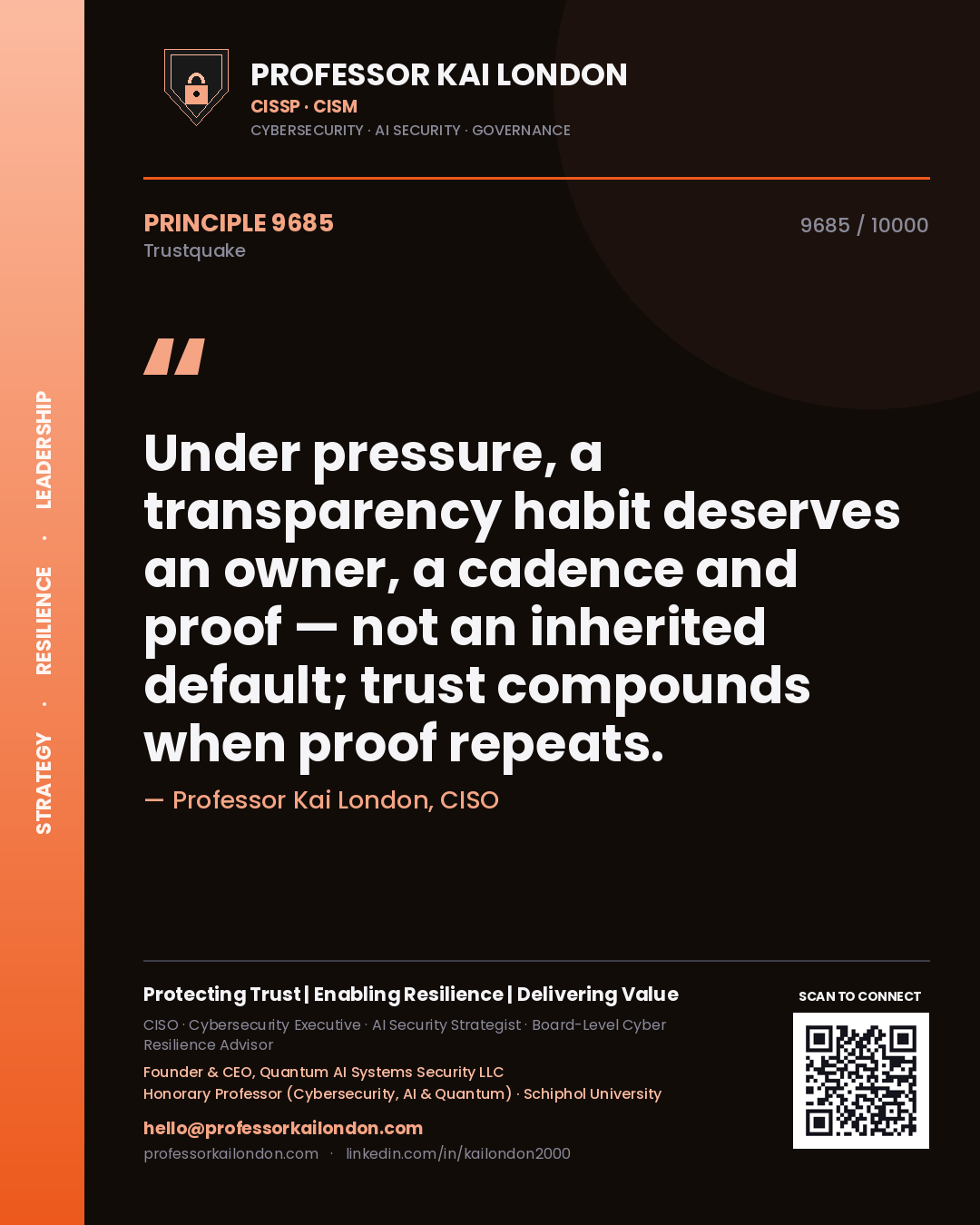 Quote card by Professor Kai London reading 'Under pressure, a transparency habit deserves an owner, a cadence and proof — not an inherited default; trust compounds when proof repeats.'. From the book Trustquake.
