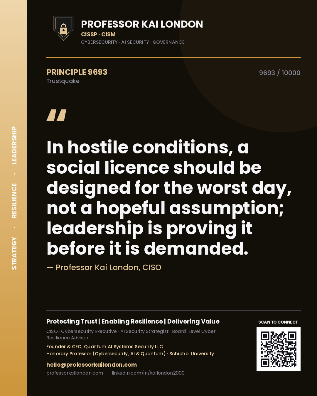 Quote card by Professor Kai London reading 'In hostile conditions, a social licence should be designed for the worst day, not a hopeful assumption; leadership is proving it before it is demanded.'. From the book Trustquake.