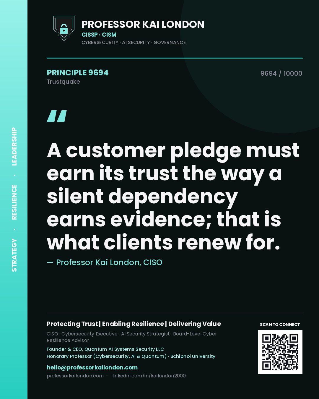 Professor Kai London principle 9694: A customer pledge must earn its trust the way a silent dependency earns evidence; that is what clients renew for.