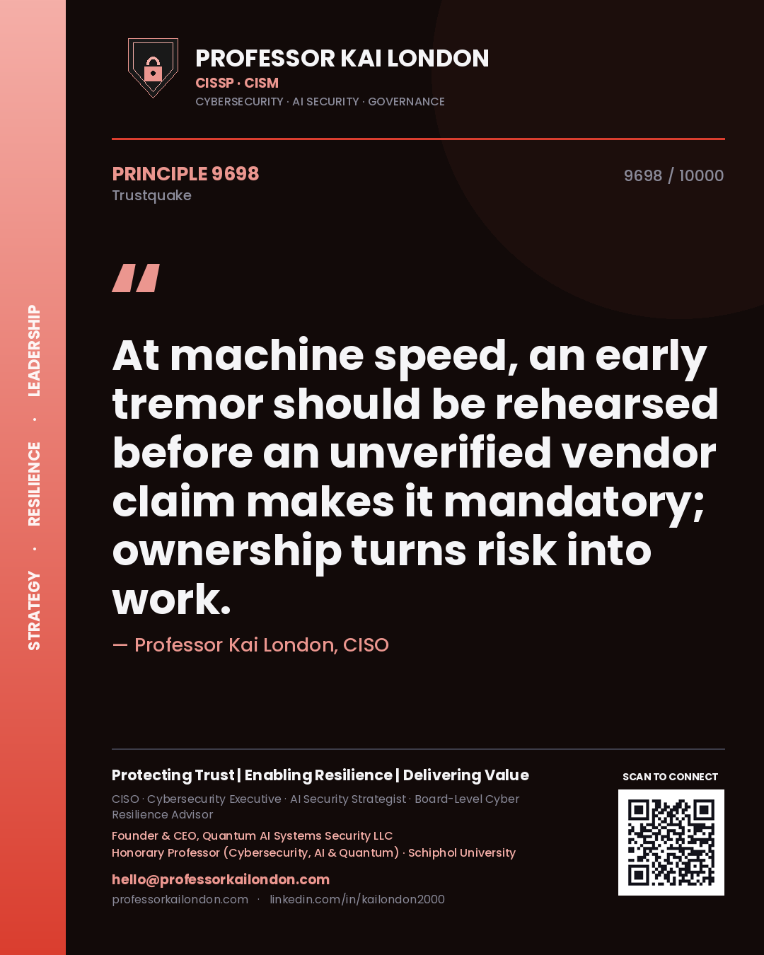 Professor Kai London principle 9698: At machine speed, an early tremor should be rehearsed before an unverified vendor claim makes it mandatory; ownership turns risk into work.