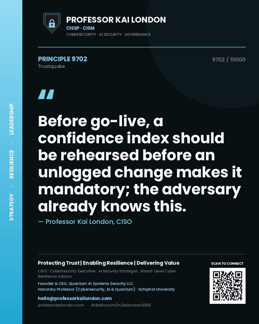 Quote card by Professor Kai London reading 'Before go-live, a confidence index should be rehearsed before an unlogged change makes it mandatory; the adversary already knows this.'. From the book Trustquake.