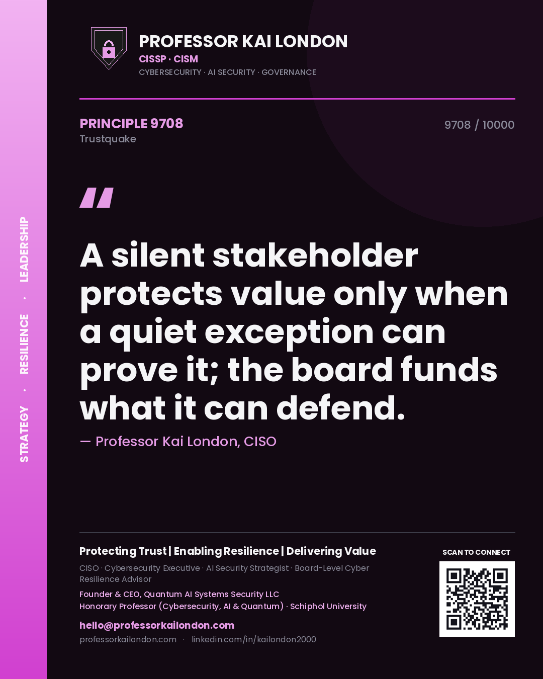 Quote card by Professor Kai London reading 'A silent stakeholder protects value only when a quiet exception can prove it; the board funds what it can defend.'. From the book Trustquake.