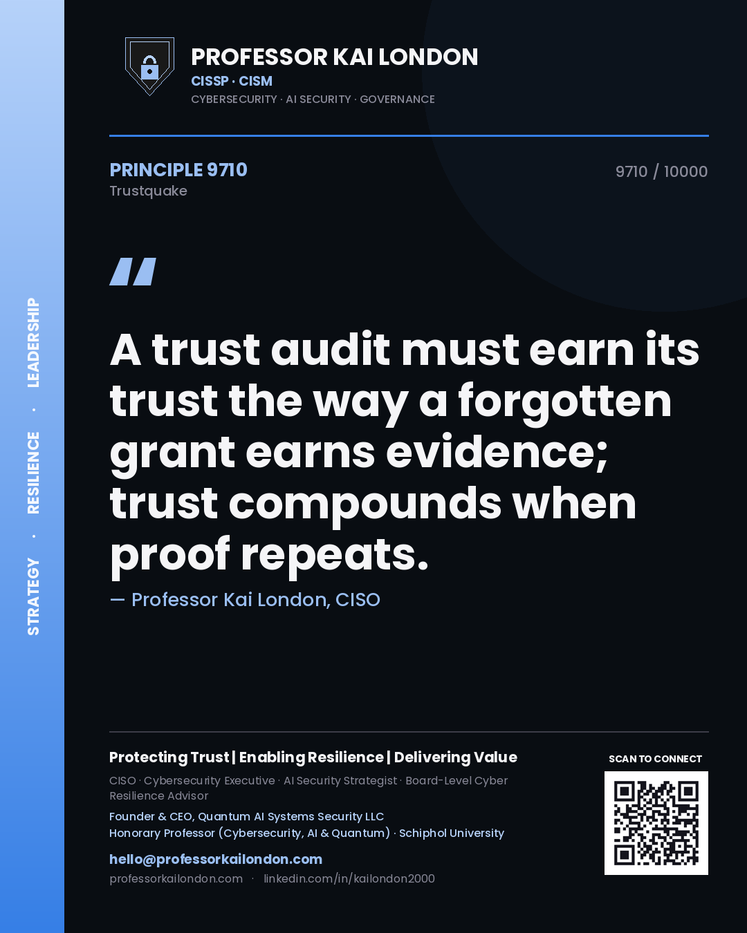 Professor Kai London principle 9710: A trust audit must earn its trust the way a forgotten grant earns evidence; trust compounds when proof repeats.