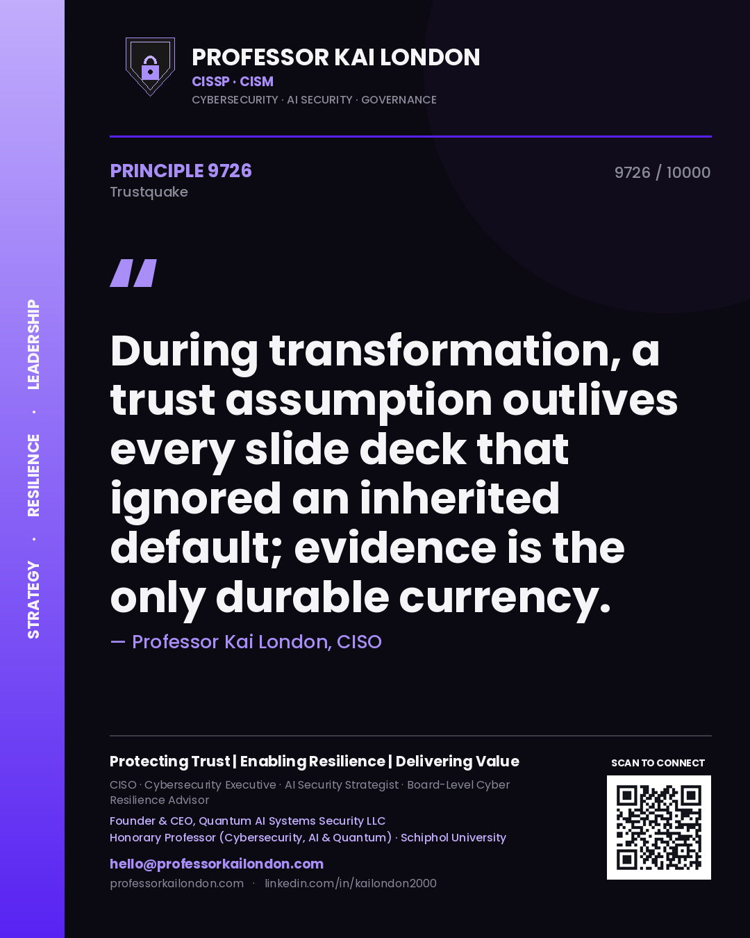 Professor Kai London principle 9726: During transformation, a trust assumption outlives every slide deck that ignored an inherited default; evidence is the only durable currency.