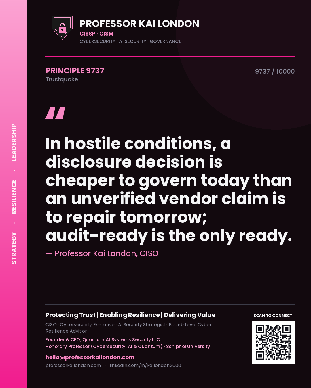 Quote card by Professor Kai London reading 'In hostile conditions, a disclosure decision is cheaper to govern today than an unverified vendor claim is to repair tomorrow; audit-ready is the only ready.'. From the book Trustquake.
