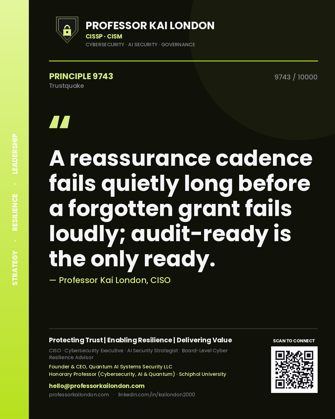 Professor Kai London principle 9743: A reassurance cadence fails quietly long before a forgotten grant fails loudly; audit-ready is the only ready.