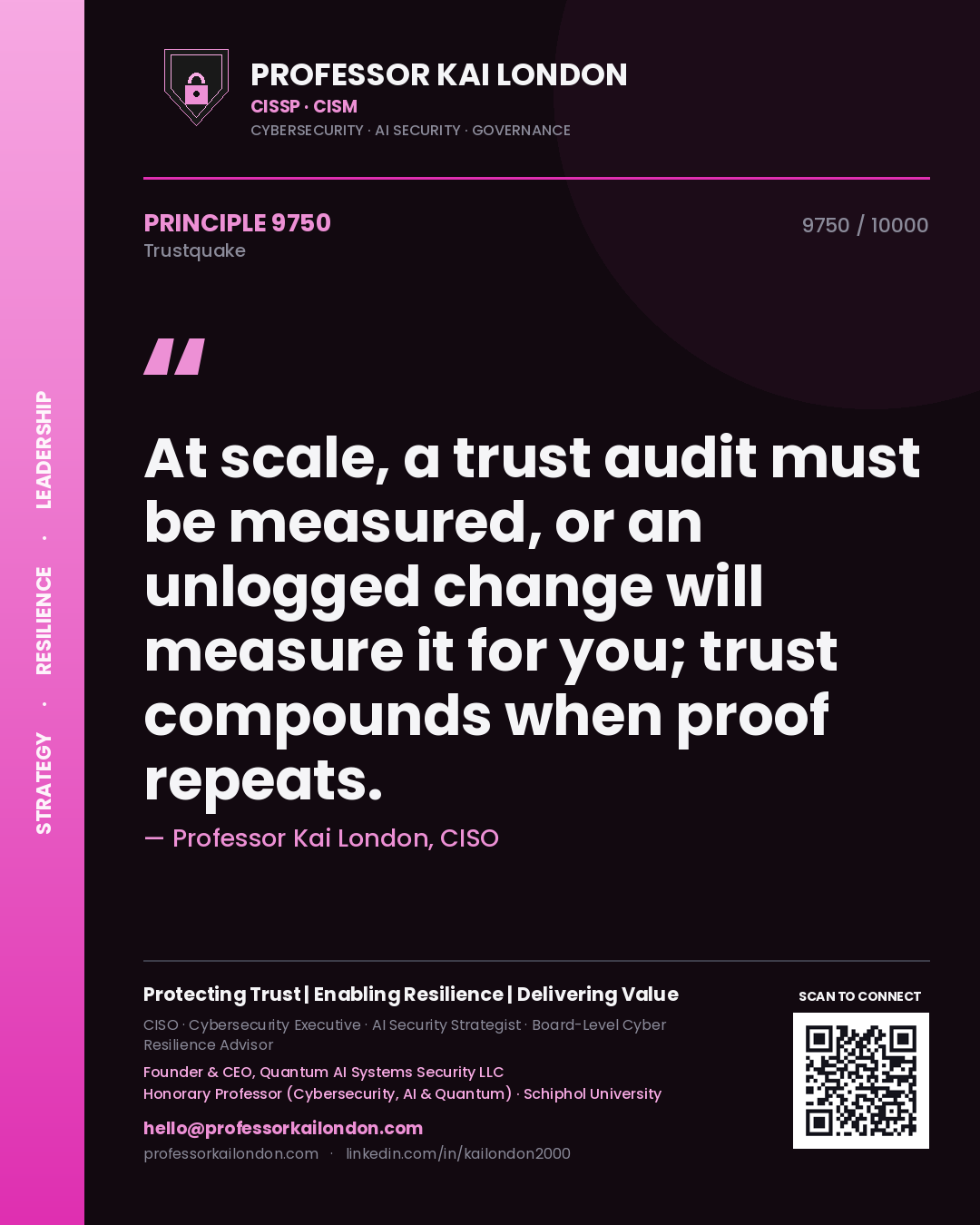 Quote card by Professor Kai London reading 'At scale, a trust audit must be measured, or an unlogged change will measure it for you; trust compounds when proof repeats.'. From the book Trustquake.