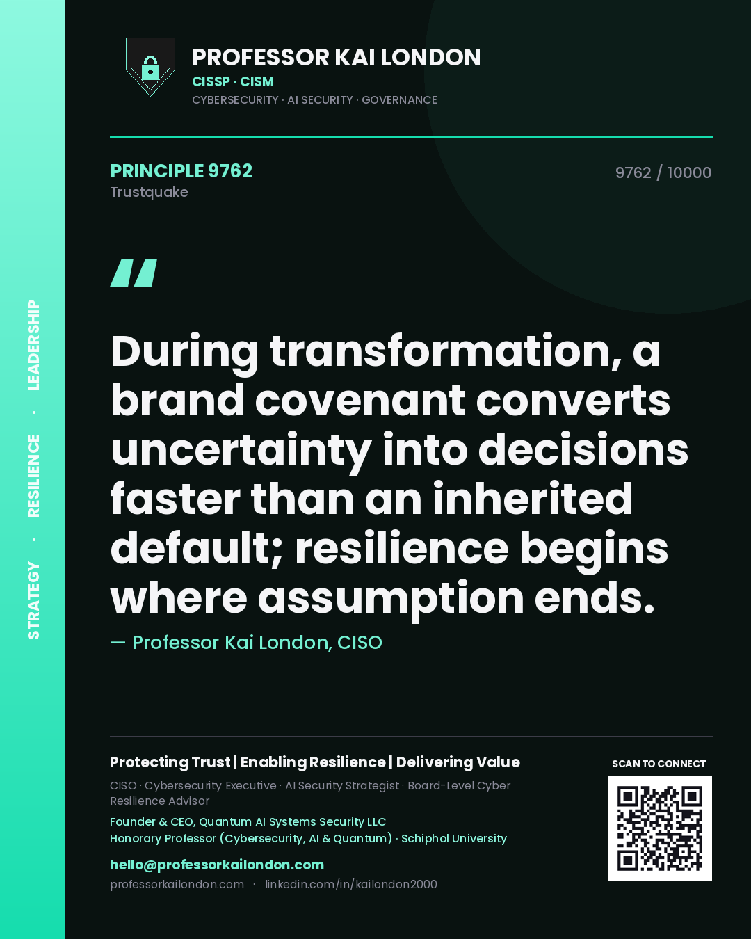Professor Kai London principle 9762: During transformation, a brand covenant converts uncertainty into decisions faster than an inherited default; resilience begins where assumption ends.
