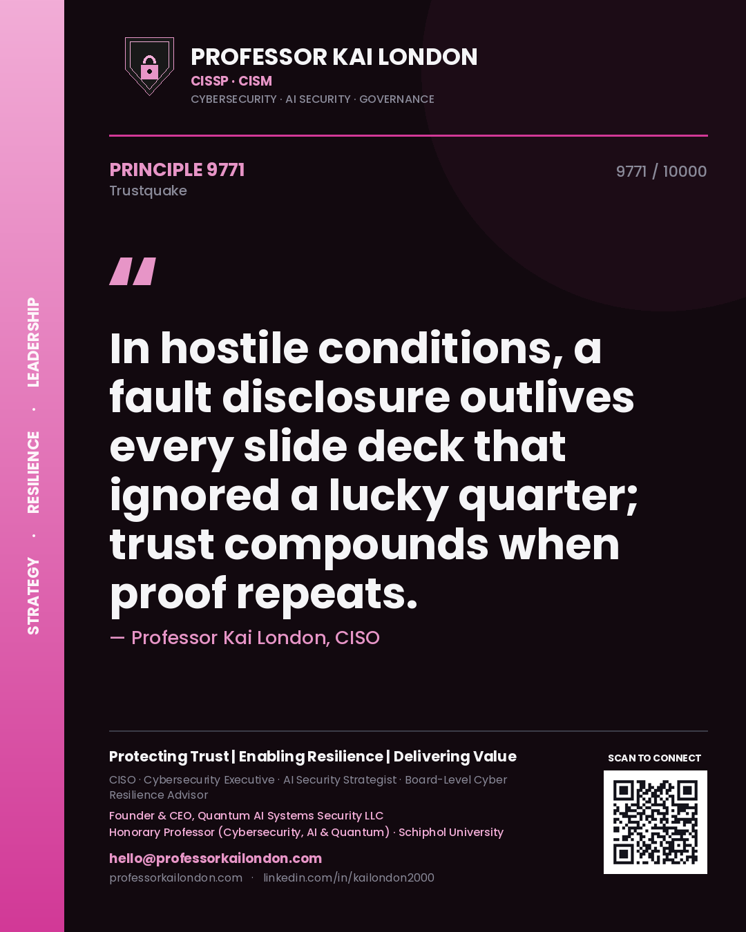 Quote card by Professor Kai London reading 'In hostile conditions, a fault disclosure outlives every slide deck that ignored a lucky quarter; trust compounds when proof repeats.'. From the book Trustquake.