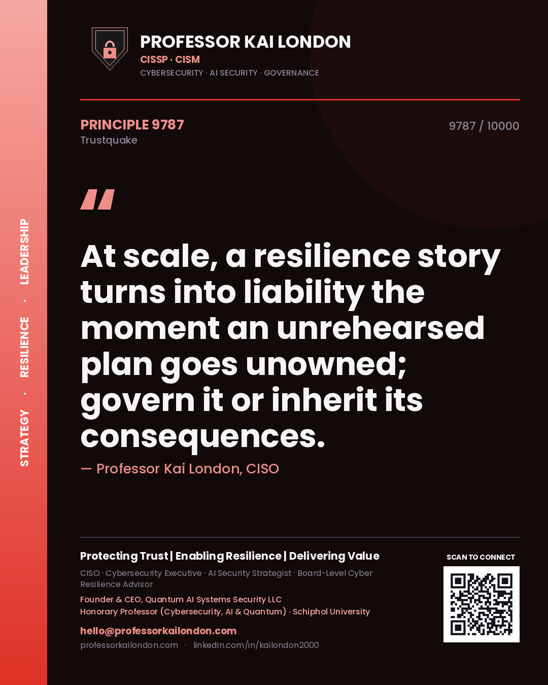Professor Kai London principle 9787: At scale, a resilience story turns into liability the moment an unrehearsed plan goes unowned; govern it or inherit its consequences.
